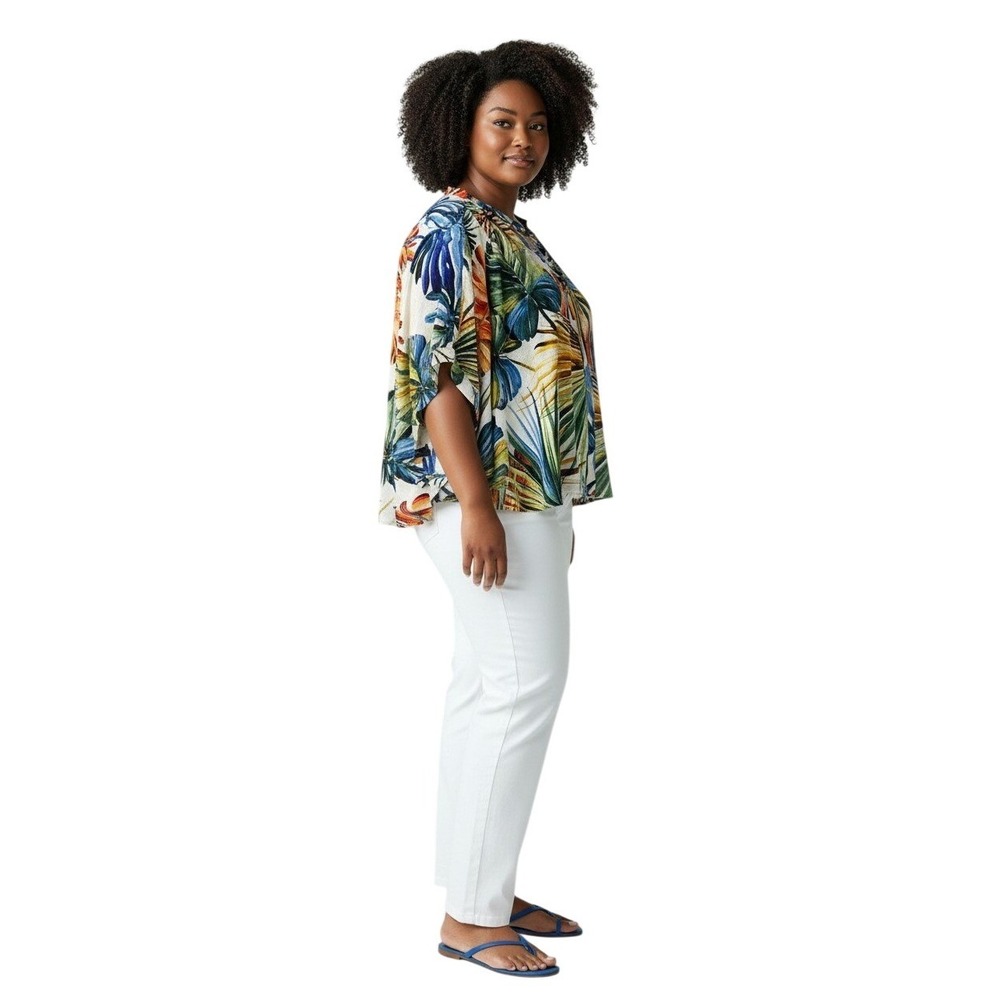 Chicos Tropical Leaf Print Dolman Sleeve Blouse White Multicolor Size 3 XL 16/18